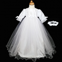 Baby Girls White Bow Lace & Tulle Christening Gown & Headband